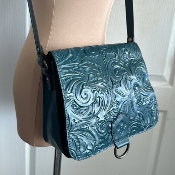 Patricia Nash Ilina Leather Tooled Flap Handbag Blue Coral Crossbody D Ring - Picture 5 of 15